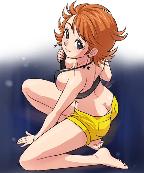 haruyama kazunori, minako maruchino, space emperor god sigma, uchuu taitei god sigma, 1girl, ass, barefoot, blue eyes, butt crack, downpants, earrings, feet, female focus, jewelry, looking at viewer, orange hair, short hair, smile, soles, solo, toes