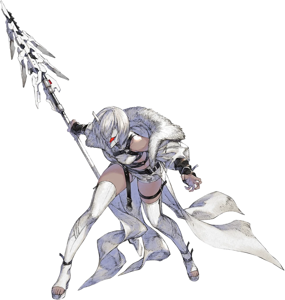 rr (suisse200), nier (series), nier reincarnation, official art, 1girl, bare shoulders, belt, black belt, holding, holding weapon, short hair, shorts, socks, solo, weapon, white background, white hair, white mask, white socks