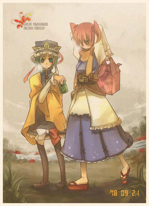 inuinui, onozuka komachi, shiki eiki, touhou, black legwear, white legwear, 2girls, black skirt, blue dress, dress, female focus, frills, full body, geta, green eyes, green hair, hat, looking at viewer, mob cap, multiple girls, okobo, outdoors, platform sandals, red eyes, red hair, sandals, sash, short hair, skirt, socks, standing, tabi, thighhighs, twintails, two side up, walking, zettai ryouiki