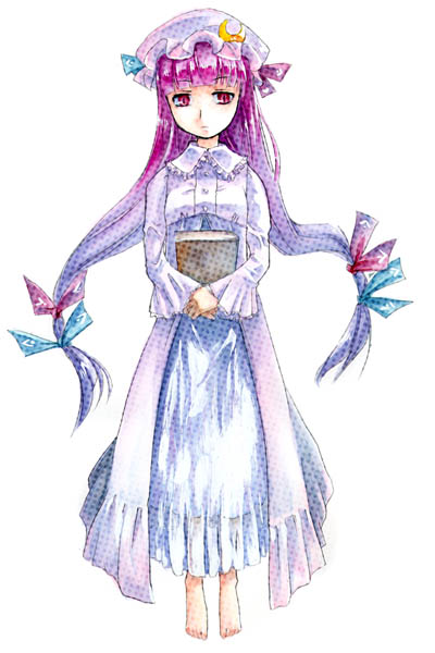 fifty, patchouli knowledge, touhou, 1girl, book, female focus, full body, hat, long hair, purple eyes, purple hair, simple background, solo, white background