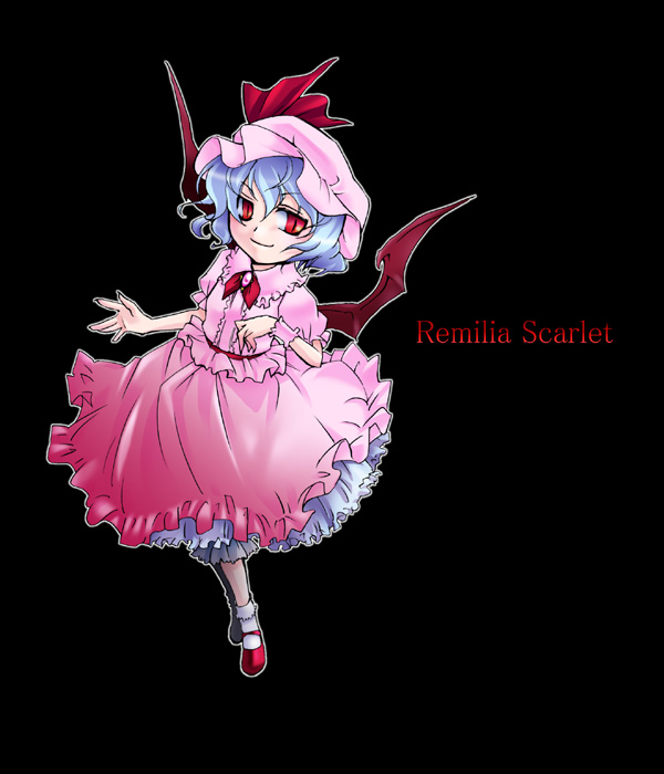 fifty, remilia scarlet, touhou, 1girl, blue hair, dress, female focus, full body, hat, pink hat, red eyes, short hair, simple background, solo, wings