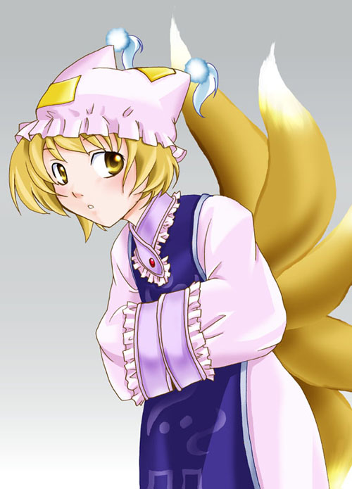 fifty, yakumo ran, touhou, 1girl, animal hat, blonde hair, dress, female focus, fox tail, frilled sleeves, frills, grey background, hands in opposite sleeves, hat, long sleeves, looking at viewer, mob cap, multiple tails, short hair, simple background, solo, tabard, tail, white background, white dress, wide sleeves, yellow eyes