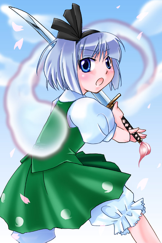 fifty, konpaku youmu, konpaku youmu (ghost), touhou, silver hair, 1girl, blue eyes, cherry blossoms, female focus, hitodama, katana, short hair, solo, sword, weapon
