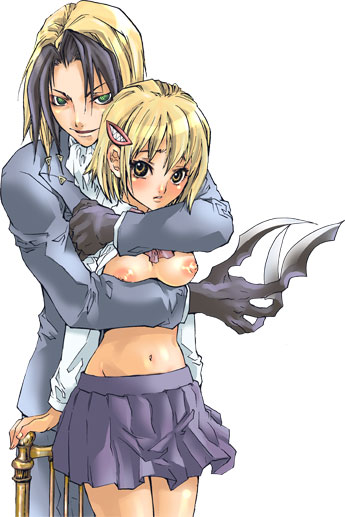 suika (suika-dokei), katsuragi yako, nougami neuro, majin tantei nougami neuro, 00s, 1boy, 1girl, blonde hair, blush, breasts, clothes lift, colored bangs, gloves, green eyes, hair ornament, hairclip, hetero, hug, knife, medium breasts, multicolored hair, nipples, no bra, open clothes, open shirt, pleated skirt, shirt, shirt lift, short hair, skirt, smile, yellow eyes