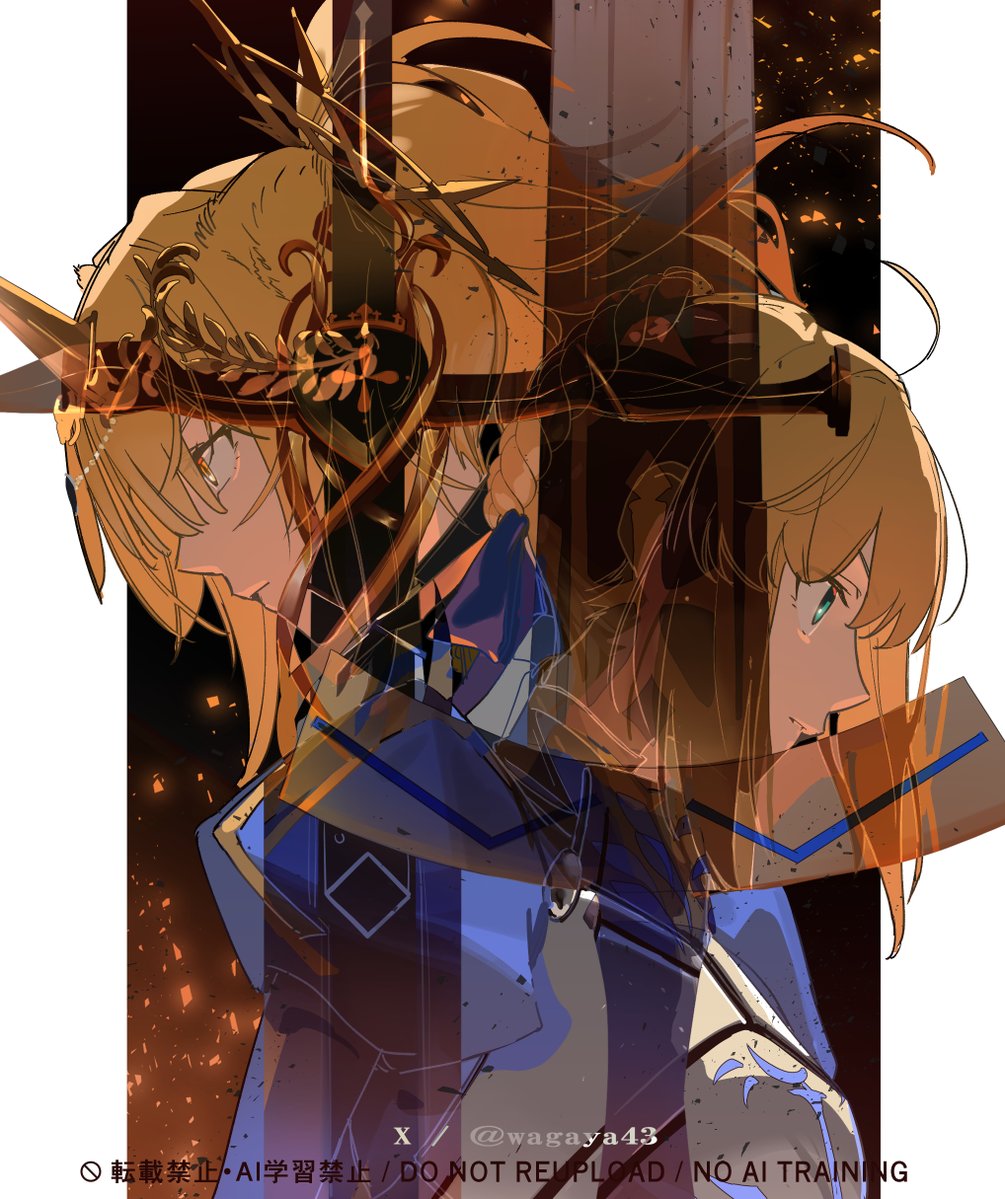 wagaya43, artoria pendragon (fate), saber (fate), siege (arknights), vina victoria (arknights), arknights, fate/stay night, fate (series), 2girls, armor, artist name, blonde hair, excalibur (fate/stay night), green eyes, multiple girls, ponytail, signature, sword, twitter username, upper body, watermark, weapon, yellow eyes