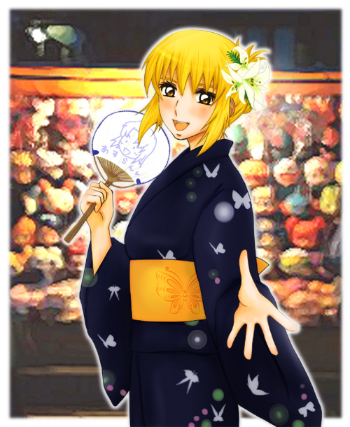 cagalli yula athha, gundam, gundam seed, 00s, blonde hair, blush, flower, japanese clothes, kimono, short hair, smile, solo