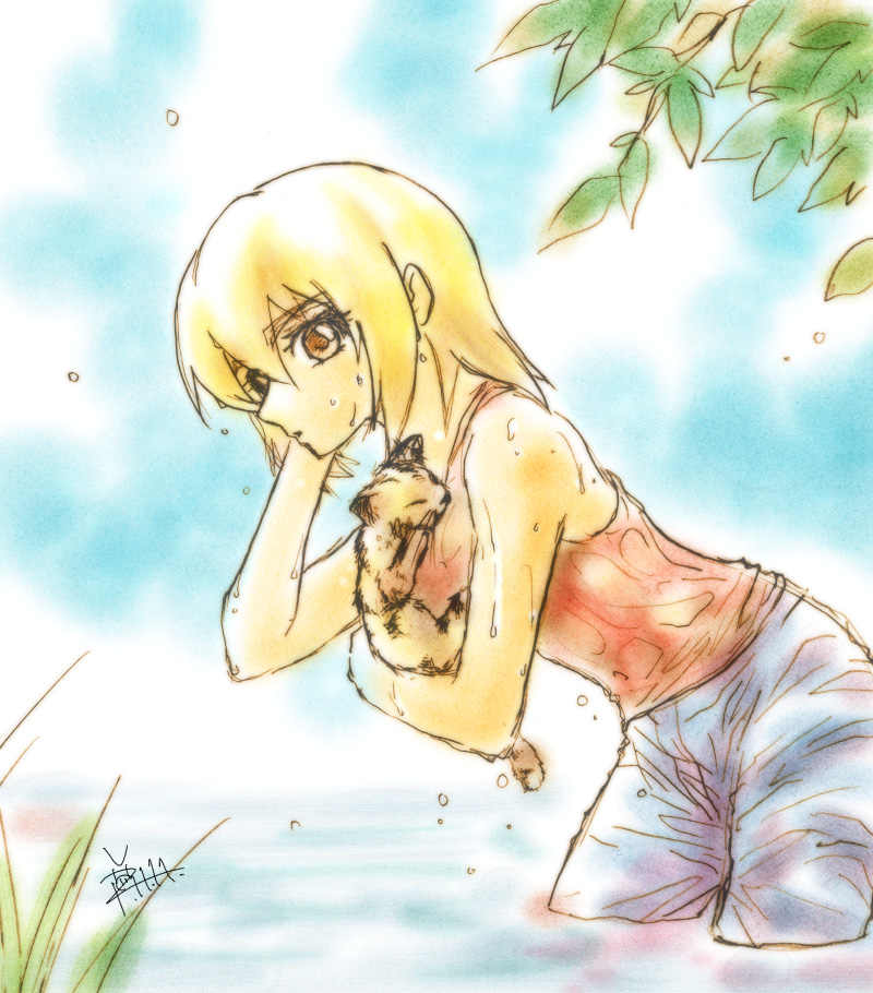 cagalli yula athha, gundam, gundam seed, 00s, blonde hair, cat, short hair, solo, tank top, wet