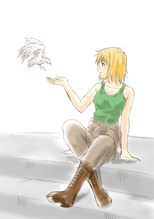 toshibou (satsukisou), cagalli yula athha, gundam, gundam seed, 00s, 1girl, arm support, bird, black eyes, blonde hair, boots, clothes around waist, crossed legs, female focus, flying, green shirt, knee boots, outdoors, outstretched hand, pants, shirt, short hair, sitting, sitting on stairs, sketch, smile, solo, stairs, sweater, sweater around waist, tank top
