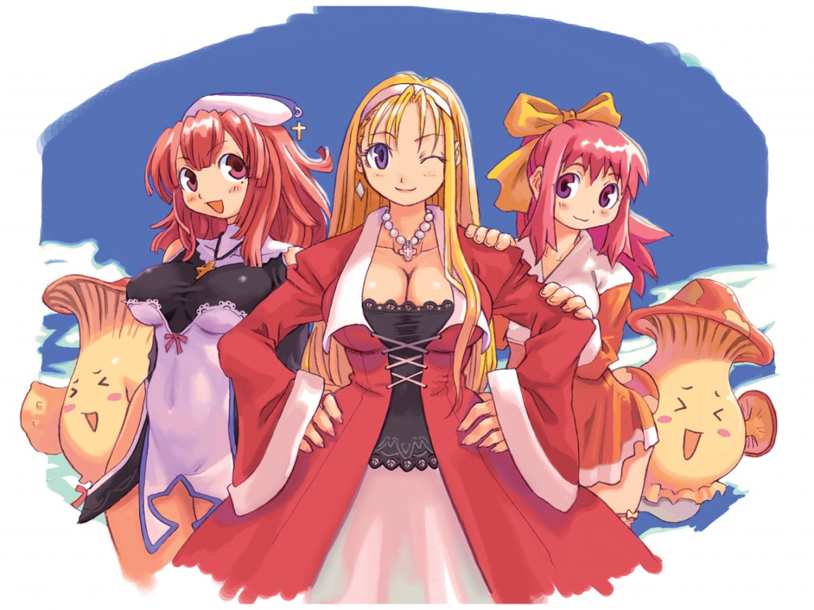 ryoji (nomura ryouji), elly (marl kingdom), erie, eringya (marl kingdom), etoile rosenqueen, prier, la pucelle, marl kingdom, nippon ichi, puppet princess (marl kingdom), tenshi no present, official art, > <, 3girls, :d, bare shoulders, blonde hair, blush, blush stickers, bow, breasts, celtic cross, cleavage, closed eyes, cloud, company connection, cross, crossover, day, dress, earrings, fingernails, gradient eyes, hair bow, hair over breasts, hairband, hands on own hips, hat, highleg, highleg dress, huge breasts, jewelry, lace, large breasts, latin cross, long fingernails, mature female, multicolored eyes, multiple girls, mushroom, nail (hardware), nail polish, necklace, one eye closed, open mouth, outdoors, pantyhose, pearl necklace, pink eyes, pink hair, pink nails, ponytail, purple eyes, red hair, shirt, short dress, sidelocks, sky, smile, standing, taut clothes, taut shirt, thick thighs, thighhighs, thighs, turtleneck, wide sleeves, wink, yellow bow, zettai ryouiki