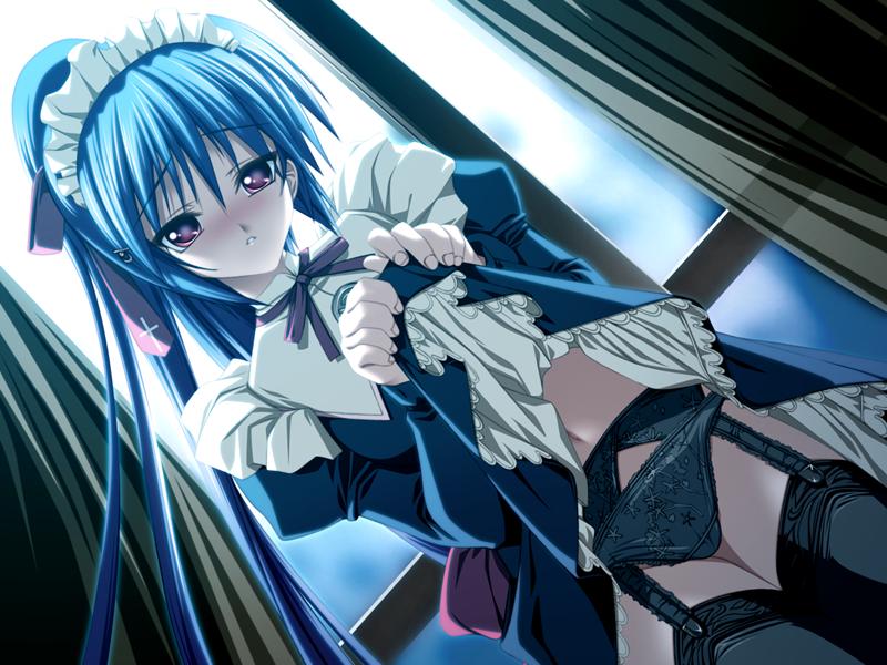 senomoto hisashi, kisaragi akari, hidamari, game cg, 1girl, blue hair, dutch angle, female focus, garter belt, lingerie, maid, panties, pantyshot, solo, thighhighs, underwear, upskirt