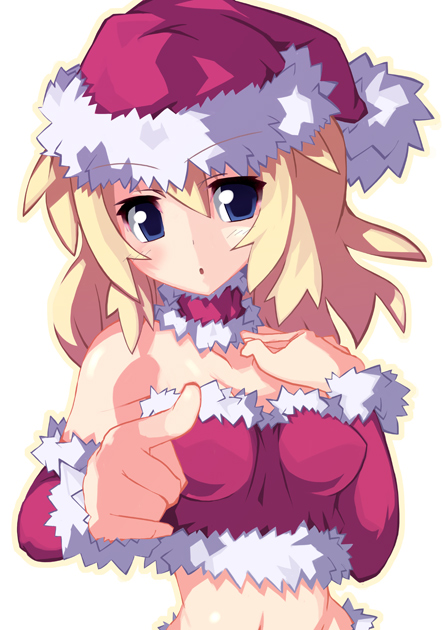 ooyama kina, original, 1girl, blonde hair, blue eyes, christmas, female focus, hat, long hair, pointing, santa costume, santa hat, solo
