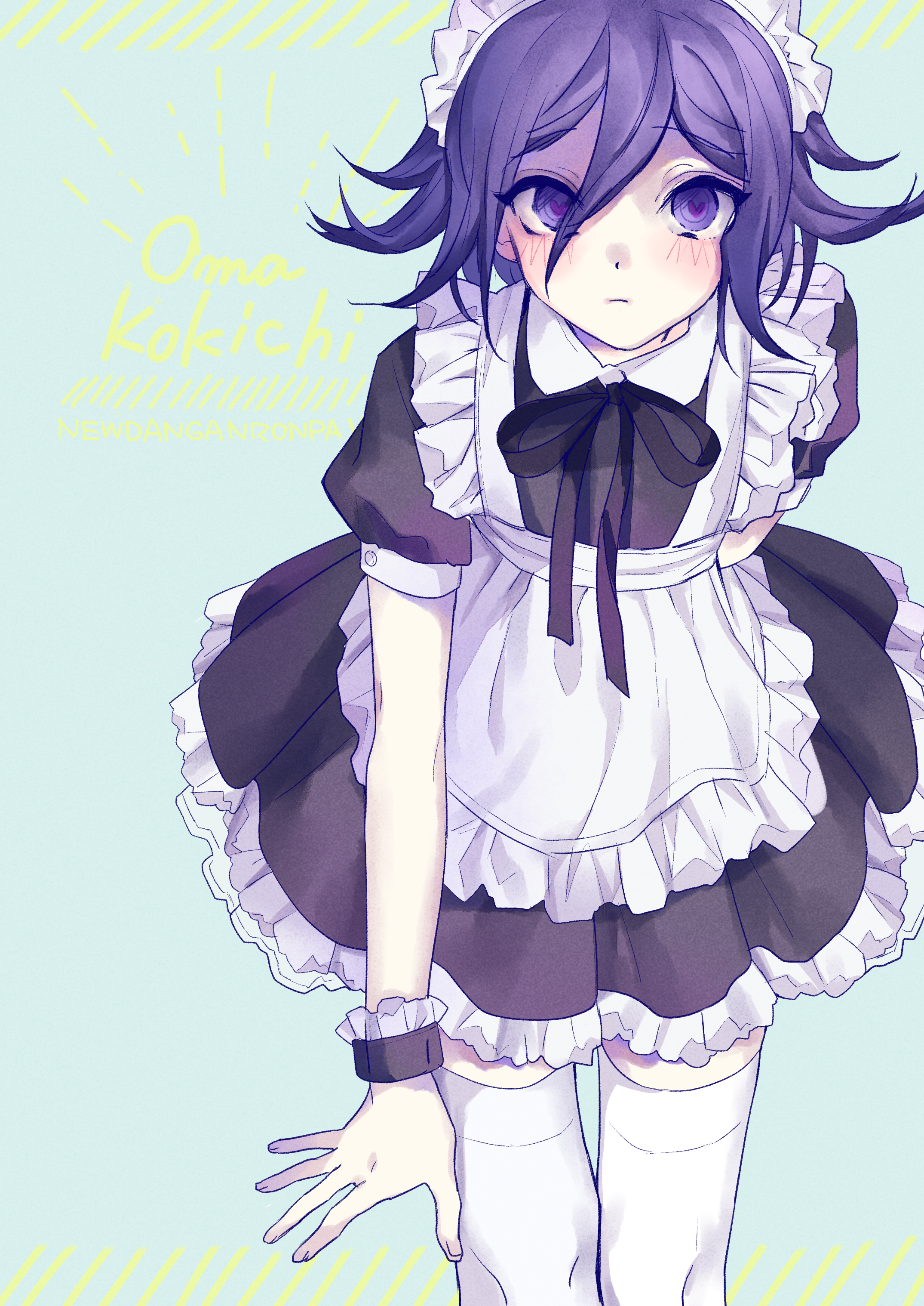 luna 11777, oma kokichi, danganronpa (series), danganronpa v3: killing harmony, absurdres, commentary request, highres, 1boy, alternate costume, apron, aqua background, black dress, black ribbon, blush, bow, character name, closed mouth, copyright name, crossdressing, crossdressing (mtf), dress, enmaided, flipped hair, frilled apron, frilled dress, frills, hair between eyes, heart, heart-shaped pupils, leaning forward, looking at viewer, maid, maid apron, maid headdress, male focus, male maid, medium hair, puffy short sleeves, puffy sleeves, purple eyes, purple hair, ribbon, short sleeves, simple background, solo, symbol-shaped pupils, thighhighs, trap, two side up, white apron, white thighhighs, wristband, yellow text
