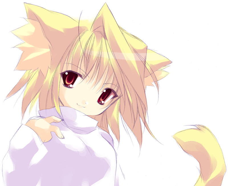 minazuki haruka, arcueid brunestud, tsukihime, 00s, 1girl, :3, animal ears, blonde hair, cat ears, cat tail, female focus, kemonomimi mode, red eyes, simple background, smile, solo, tail, white background