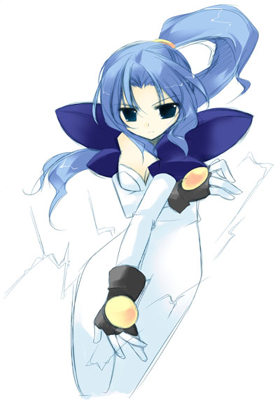 minazuki haruka, chris ryan, psychic force, taito, 1girl, blue eyes, blue hair, bodysuit, female focus, gloves, matching hair/eyes, ponytail, sketch, solo, white background, white theme