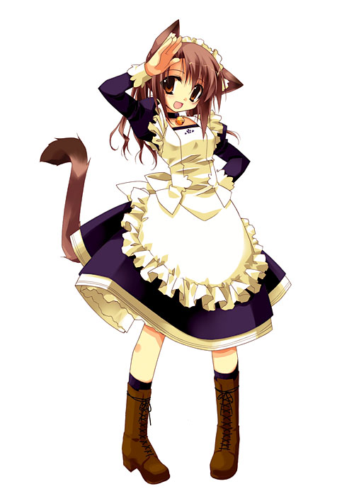 minazuki haruka, 1girl, animal ears, bell, boots, brown eyes, brown hair, cat ears, cat tail, choker, collar, female focus, maid, neck bell, pigeon-toed, ribbon, salute, simple background, smile, solo, standing, tail