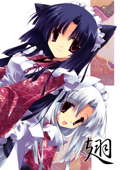 minazuki haruka, 2girls, animal ears, black hair, cat ears, maid, multiple girls, purple eyes, white hair