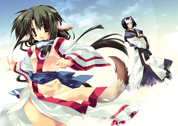 minazuki haruka, eruruu, hakuowlo, utawarerumono, 00s, animal ears, dog ears, japanese clothes, layered sleeves, tail