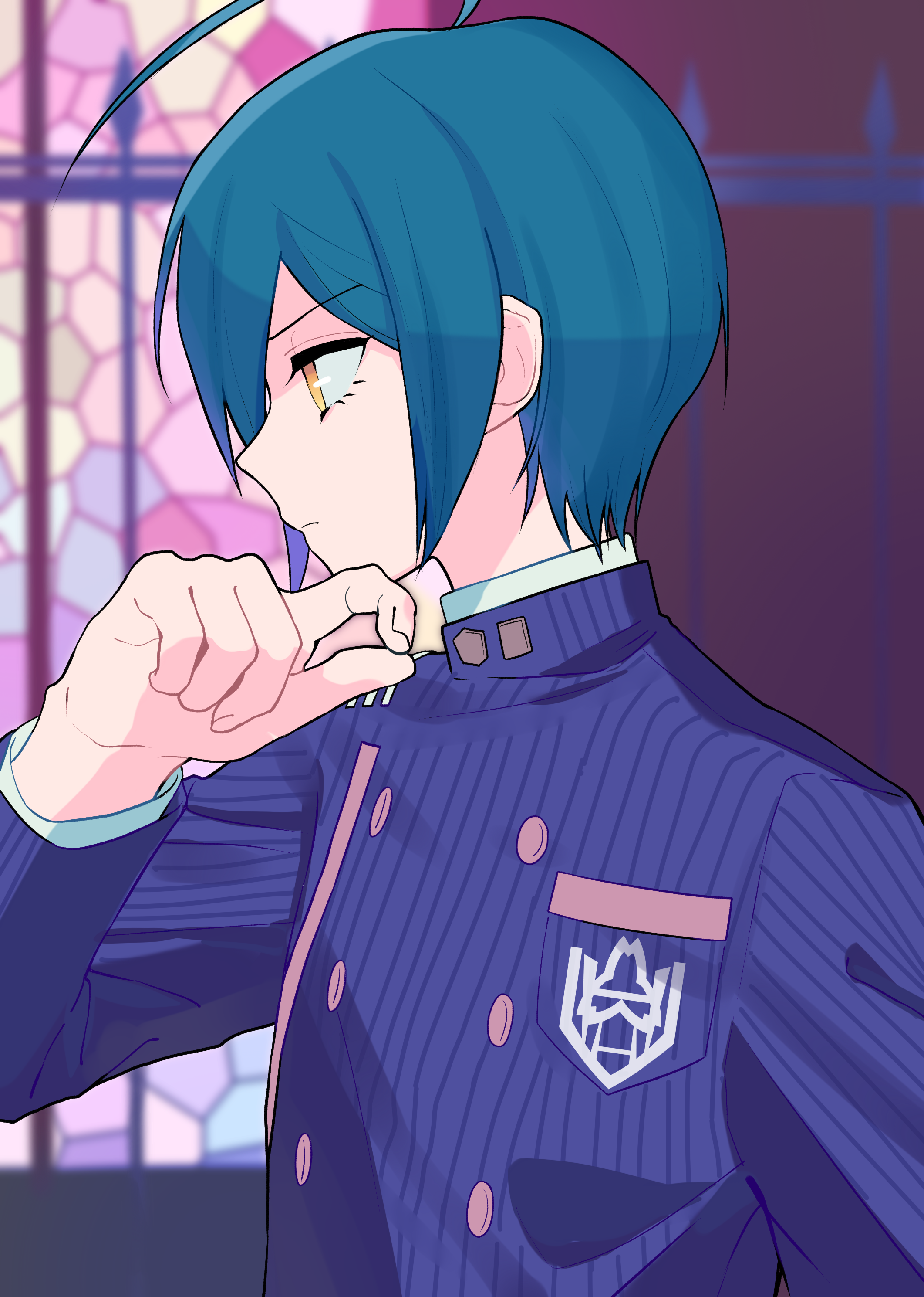 luna 11777, saihara shuichi, danganronpa (series), danganronpa v3: killing harmony, absurdres, commentary request, highres, 1boy, ahoge, black hair, black jacket, blue hair, buttons, collared jacket, eyelashes, from side, hair between eyes, hand on own chin, jacket, long sleeves, male focus, pinstripe jacket, pinstripe pattern, profile, serious, short hair, solo, striped clothes, thinking, upper body, yellow eyes