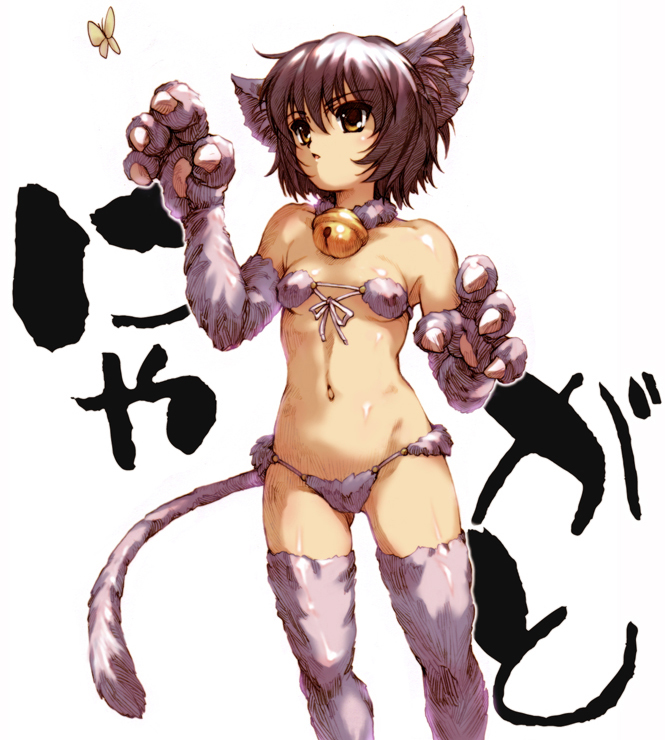 hisahiko, nagato yuki, suzumiya haruhi no yuuutsu, 00s, 1girl, animal ears, bell, breasts, bug, butterfly, cat ears, cat tail, collar, female focus, insect, jingle bell, kemonomimi mode, navel, neck bell, purple hair, short hair, small breasts, solo, standing, tail, thighhighs