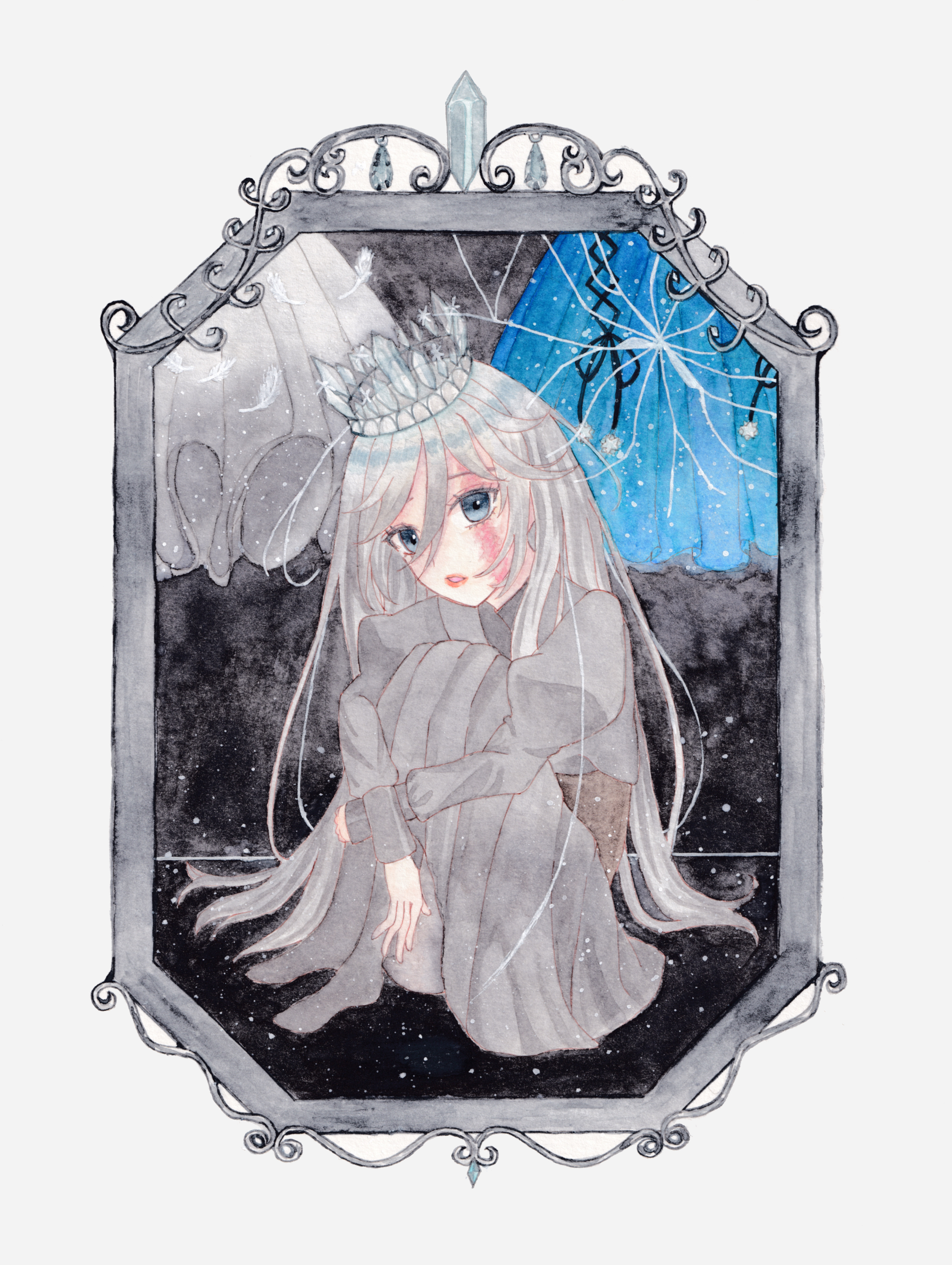ashley (shining nikki), nikki (series), shining nikki, absurdres, highres, painting (medium), traditional media, watercolor (medium), 1girl, black dress, black socks, blue eyes, brown corset, burn scar, closet, collared dress, corset, crack, cracked glass, crown, dress, eyelashes, full body, grey background, grey hair, hair between eyes, hair spread out, high collar, hugging own legs, indoors, juliet sleeves, kanata (6v0o0v9), knees up, light particles, lipstick, long dress, long hair, long sidelocks, long sleeves, makeup, open mouth, picture frame, pink lips, pleated dress, puffy sleeves, sad, scar, scar on face, sidelocks, sitting, socks, solo, teeth, very long hair