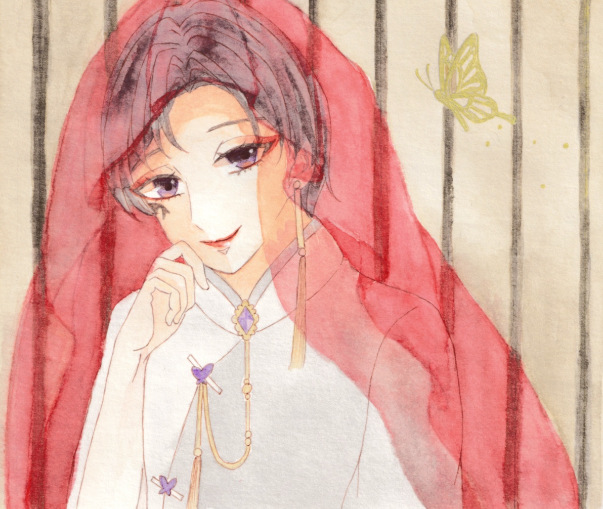 nikki (series), shining nikki, painting (medium), traditional media, watercolor (medium), 1boy, brown hair, bug, butterfly, buttons, chinese clothes, closed mouth, earrings, eyeliner, hand on own cheek, hand on own face, hanfu, happy, insect, jewelry, kanata (6v0o0v9), lipstick, long sleeves, makeup, mandarin collar, marking on cheek, pink lips, pointy nose, purple eyes, qin yi, red eyeliner, red veil, see-through clothes, see-through veil, short hair, single earring, smile, solo, tassel, tassel earrings, upper body, veil, white hanfu