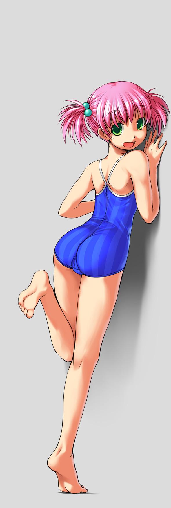 bosshi, moe (bosshi), moe (character), original, highres, 1girl, :d, ass, bare shoulders, barefoot, cameltoe, competition school swimsuit, feet, female focus, from behind, green eyes, leaning, leaning forward, leg lift, legs, looking back, one-piece swimsuit, open mouth, pink hair, school swimsuit, simple background, smile, soles, solo, standing, striped clothes, striped one-piece swimsuit, swimsuit, toes, twintails, vertical-striped clothes, vertical-striped one-piece swimsuit