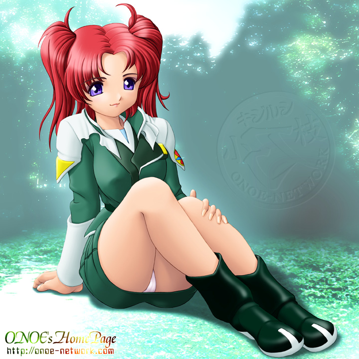 onoe, meyrin hawke, gundam, gundam seed, gundam seed destiny, 00s, miniskirt, panties, pantyshot, purple eyes, red hair, sitting, skirt, solo, underwear, white panties