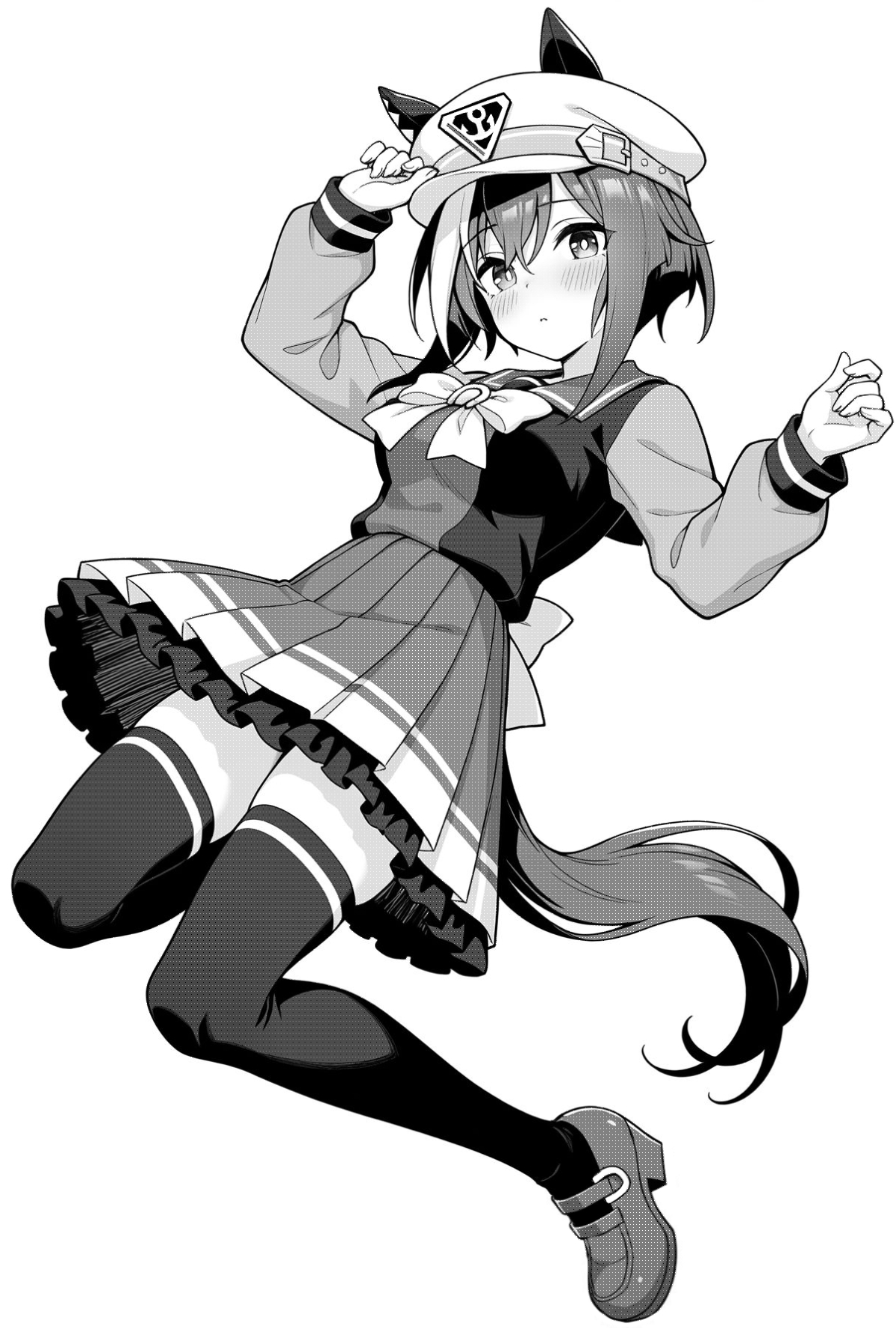akagi koku, cheval grand (umamusume), umamusume, commentary, highres, 1girl, animal ears, arm up, back bow, blush, bow, bowtie, breasts, closed mouth, ears through headwear, frilled skirt, frills, full body, greyscale, hair between eyes, hat, horse ears, horse girl, horse tail, large breasts, long sleeves, monochrome, pleated skirt, sailor collar, school uniform, shirt, shoes, short hair, simple background, skirt, solo, tail, thighhighs, tracen school uniform, zettai ryouiki