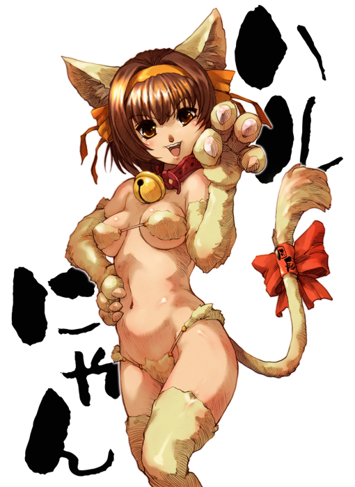 hisahiko, suzumiya haruhi, suzumiya haruhi no yuuutsu, 00s, 1girl, animal ears, bell, breasts, brown eyes, brown hair, cat ears, cat tail, collar, female focus, hand on own hip, neck bell, simple background, solo, tail, thighhighs, white background