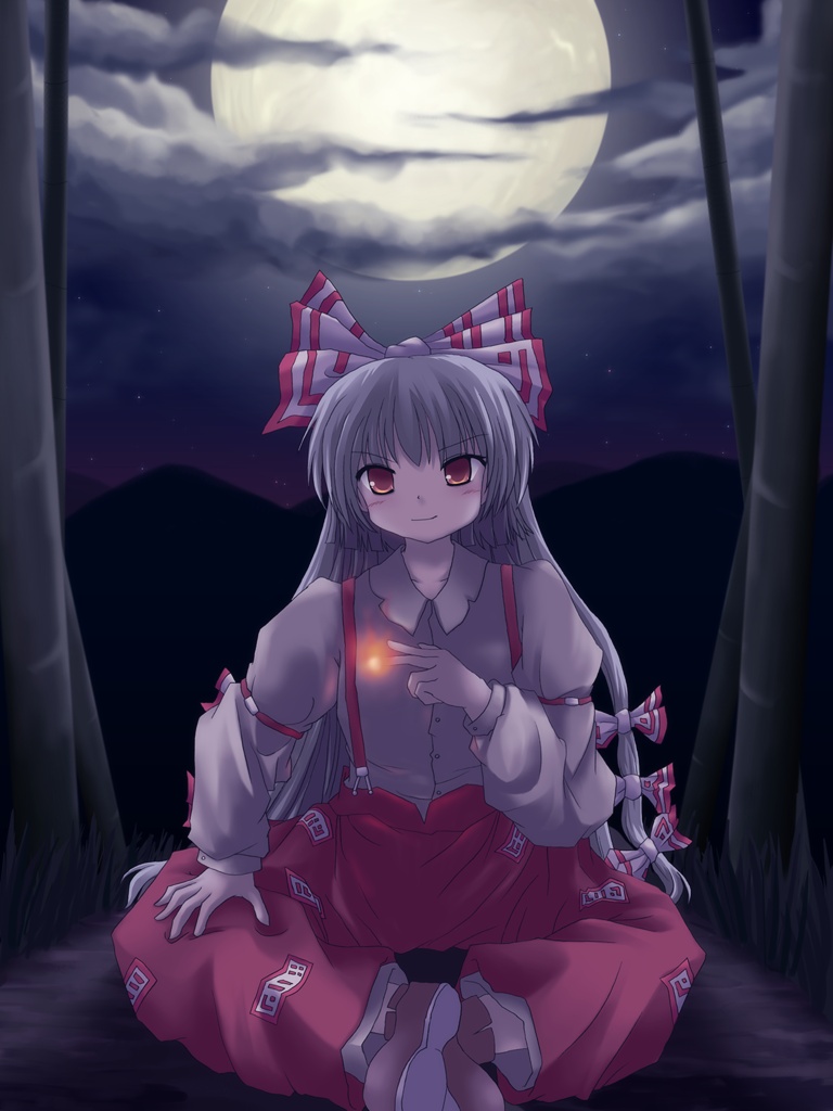 lzh, fujiwara no mokou, touhou, 1girl, bow, female focus, fire, hair bow, moon, multiple hair bows, smile, solo, staring, white hair