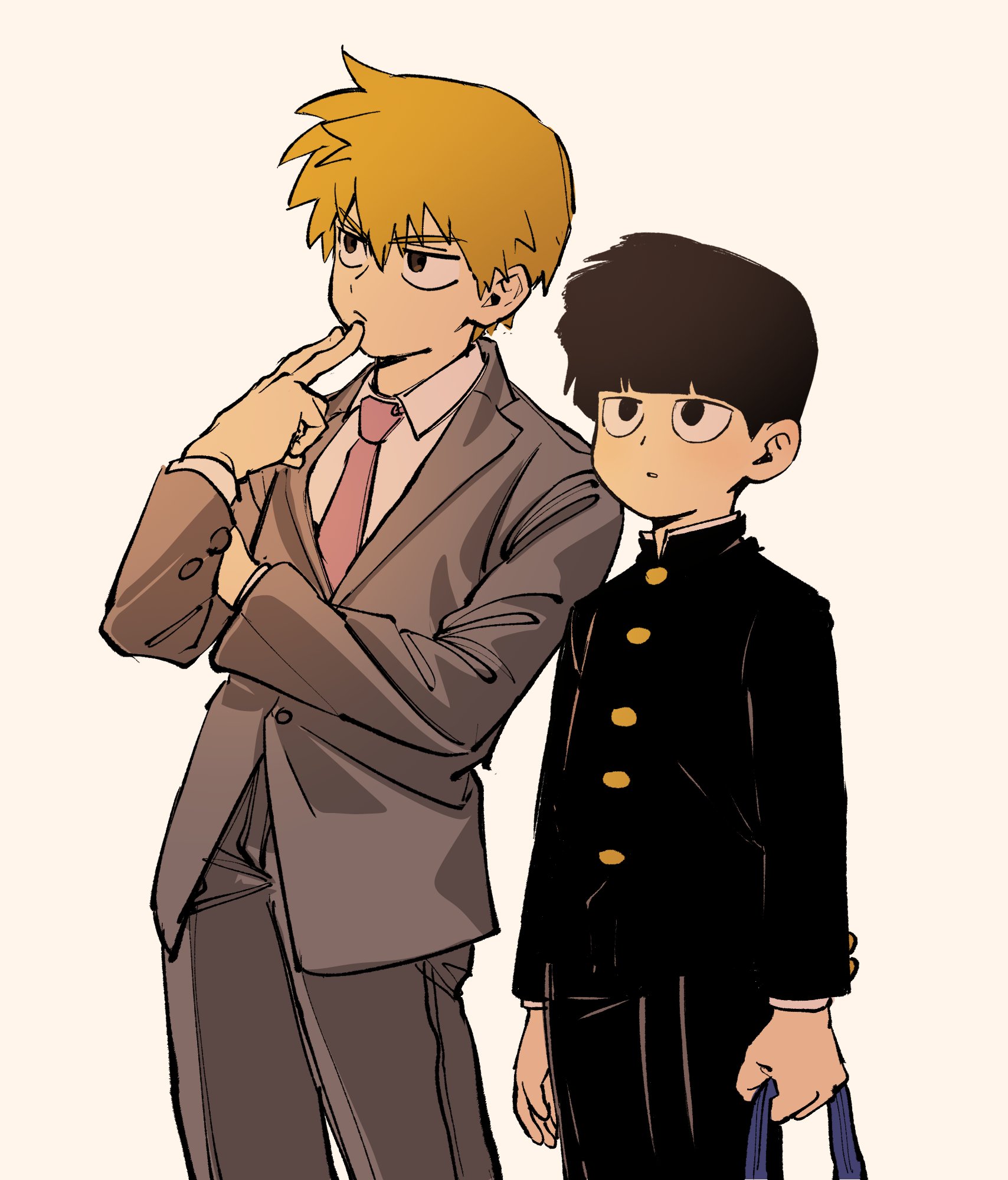 kageyama shigeo, reigen arataka, mob psycho 100, highres, 2boys, backupmbps, bag, black eyes, black hair, black jacket, black pants, blonde hair, blunt bangs, bowl cut, buttons, closed mouth, collared shirt, cowboy shot, fingers to mouth, formal clothes, gakuran, grey jacket, grey pants, grey suit, hair between eyes, hand on own arm, hand up, holding, holding bag, jacket, long sleeves, looking ahead, looking to the side, male focus, multiple boys, necktie, pants, parted lips, pink necktie, school uniform, shirt, short hair, side-by-side, simple background, suit, suit jacket, white shirt, wing collar