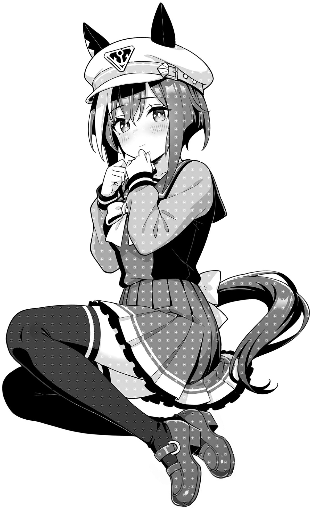 akagi koku, cheval grand (umamusume), umamusume, commentary, highres, 1girl, animal ears, back bow, blush, bow, bowtie, closed mouth, ears through headwear, frilled skirt, frills, full body, greyscale, hair between eyes, hands up, hat, horse ears, horse girl, horse tail, long sleeves, looking at viewer, monochrome, pleated skirt, sailor collar, school uniform, shirt, shoes, short hair, simple background, sitting, skirt, solo, tail, thighhighs, tracen school uniform, zettai ryouiki