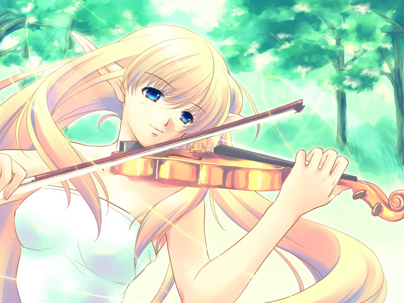 tama two (fukuya), game cg, 1girl, bare shoulders, blonde hair, blue eyes, elf, female focus, forest, instrument, letterboxed, long hair, nature, pointy ears, solo, violin
