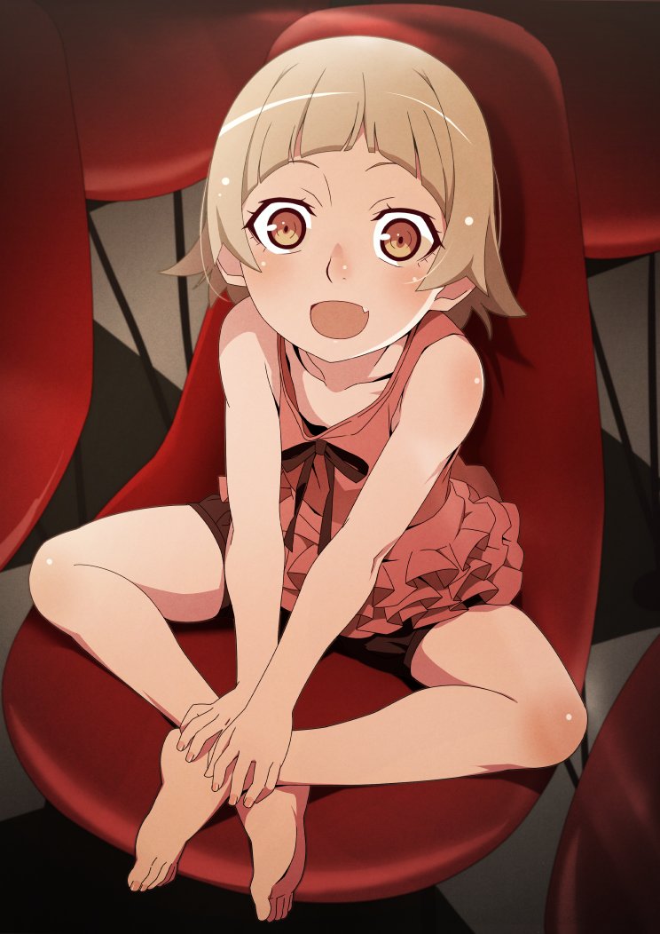 gesugesu ahoaho, oshino shinobu, kizumonogatari, monogatari (series), :d, arched bangs, bare arms, barefoot, black bloomers, black ribbon, blonde hair, bloomers, blush, brown eyes, chair, checkered floor, collarbone, crossed ankles, dress, fang, fingernails, flat chest, frilled dress, frills, from above, full body, hair flaps, hands on feet, hands on own feet, indian style, knee blush, looking at viewer, on chair, open mouth, red dress, ribbon, ringed eyes, shadow, short dress, short hair, shoulder blush, sitting, sleeveless, sleeveless dress, smile, toenails, turtleneck, underwear, v arms, wide-eyed