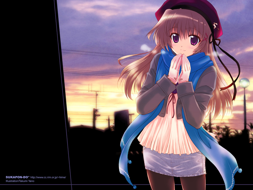kagawa tomonobu, yano takumi, original, 1girl, blue scarf, brown pantyhose, denim, denim skirt, female focus, gloves, hat, pantyhose, pencil skirt, scarf, skirt, solo, sunset