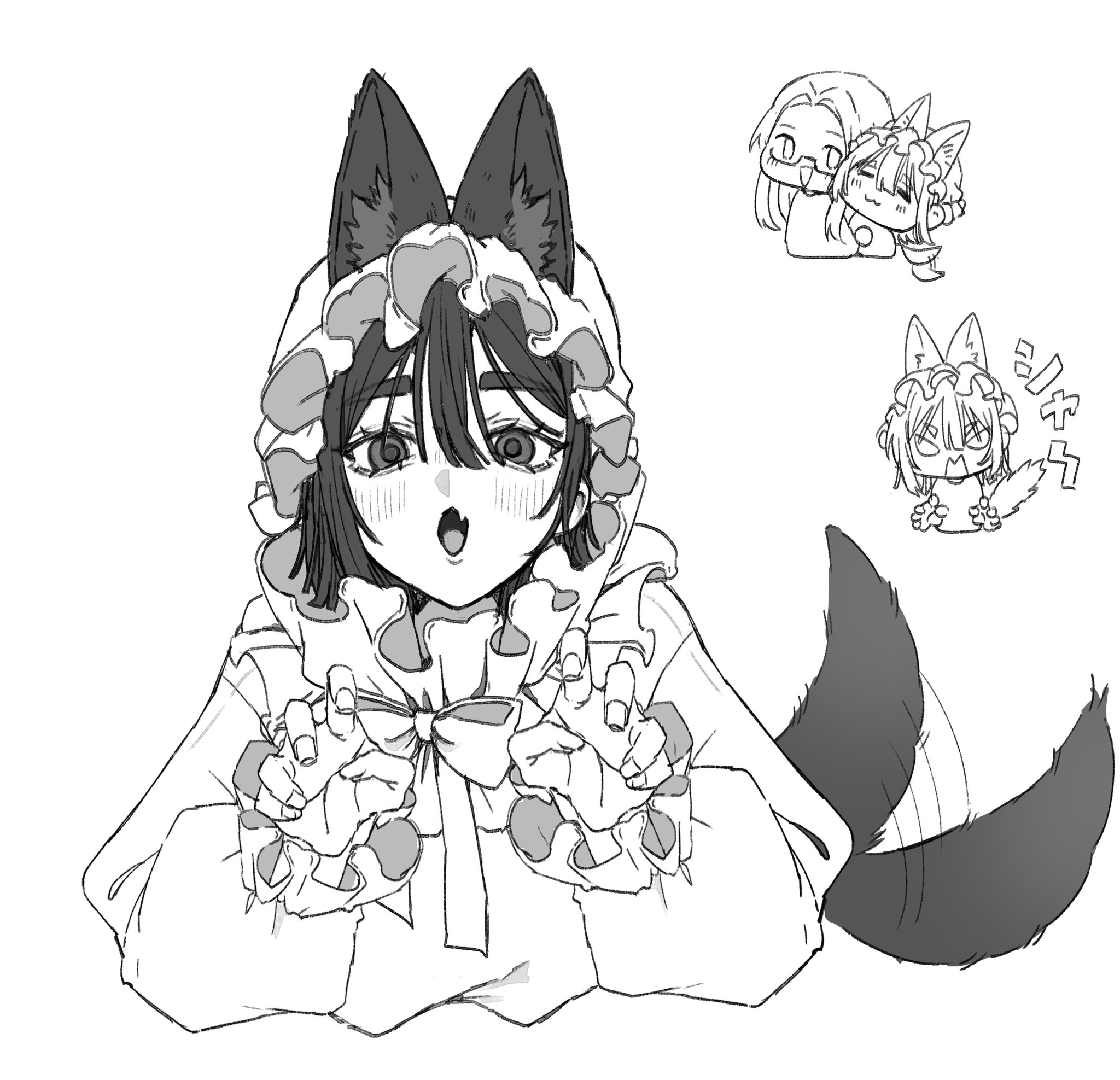 saku050524, mizi (alien stage), sua (alien stage), alien stage, commentary, highres, translation request, 2girls, :3, animal ears, bonnet, bow, bowtie, claw pose, closed eyes, fang, frilled bonnet, frilled sleeves, frills, greyscale, kemonomimi mode, long sleeves, monochrome, multiple girls, open mouth, puffy long sleeves, puffy sleeves, skin fang, tail, tail wagging, wolf ears, wolf tail