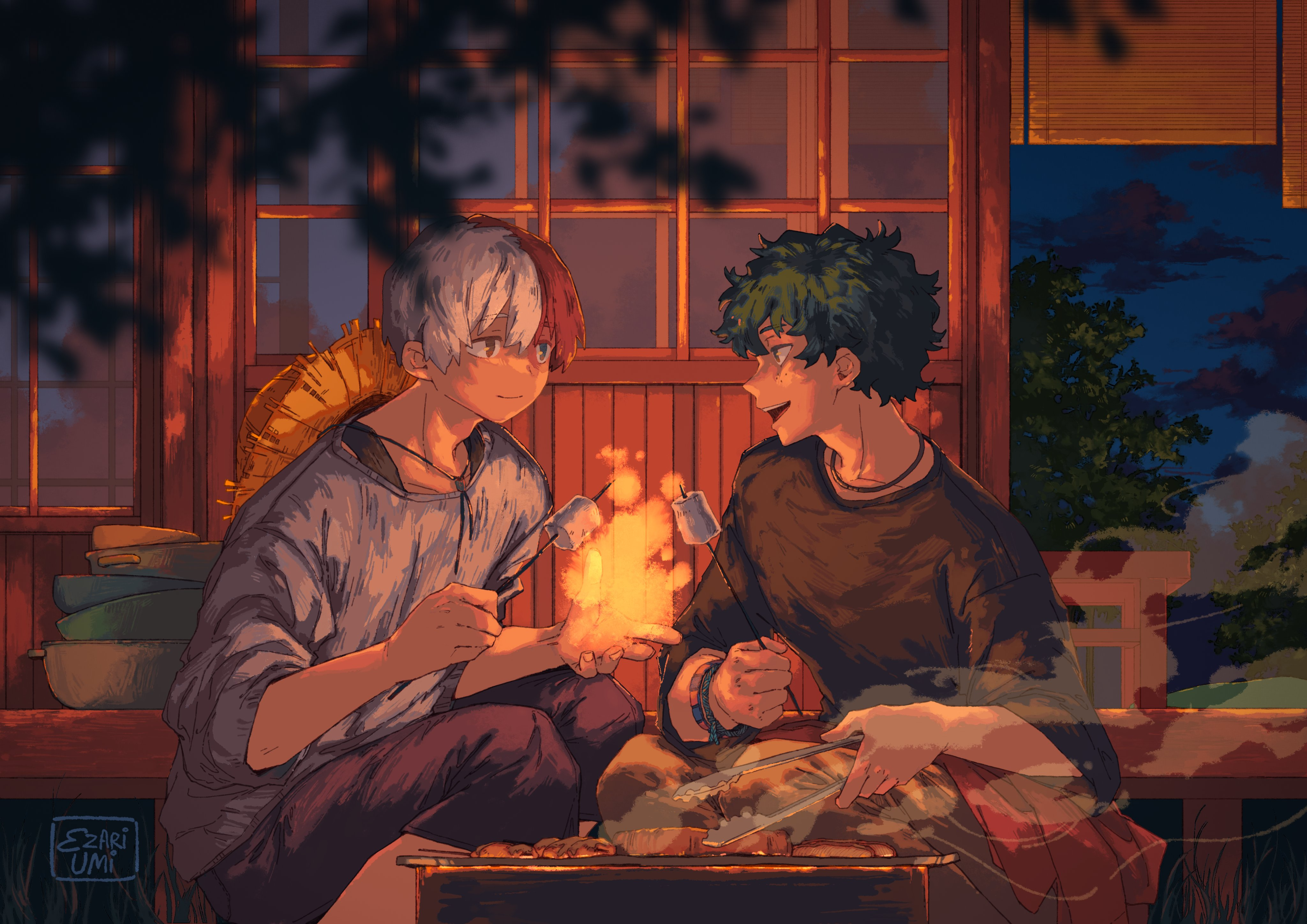 midoriya izuku, todoroki shoto, boku no hero academia, barbecue, cabin, camping, curly hair, ezariumi, fire, food, freckles, frying, green hair, marshmallow, multicolored hair, night, night sky, pants, red hair, scar, shirt, shorts, sky, tododeku, two-tone hair, white hair