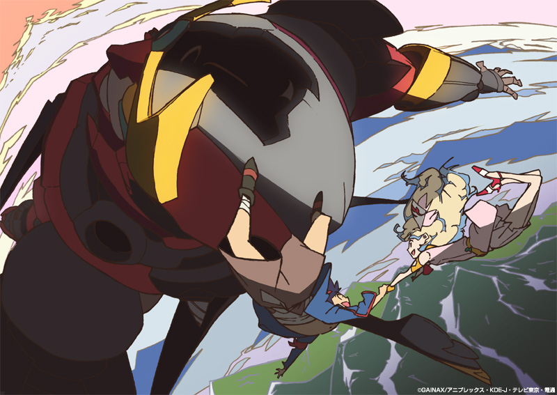 gurren-lagann, nia teppelin, simon (ttgl), tengen toppa gurren lagann, 00s, 1boy, 1girl, blonde hair, blue hair, cloud, curly hair, dress, falling, forest, gainaxtop, long hair, machinery, mecha, nature, pink dress, plant, river, robot, scenery, very long hair, water