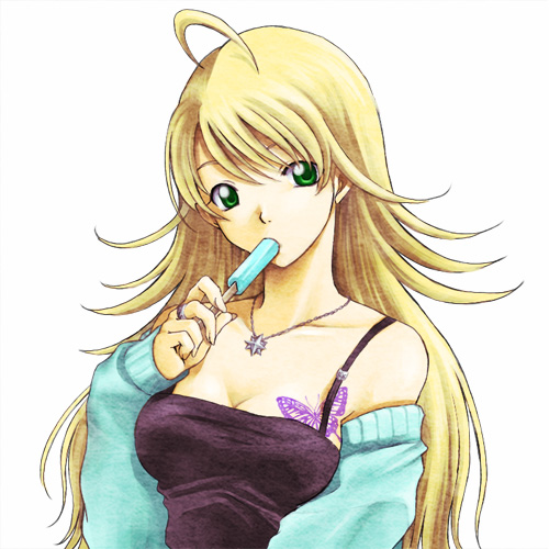 hoshii miki, idolmaster, idolmaster (classic), idolmaster 1, lowres, 00s, blonde hair, bug, butterfly, detached sleeves, food, green eyes, insect, long hair, popsicle, solo, tattoo