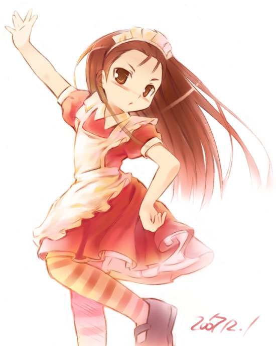 minase iori, idolmaster, idolmaster (classic), idolmaster 1, maid fairy tale, 00s, 1girl, female focus, maid, pantyhose, solo, striped clothes, striped pantyhose