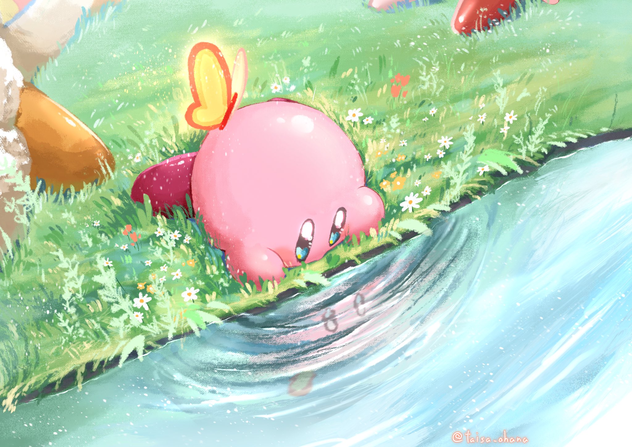 taisa matome (taisa ohana), kirby, kirby (series), nintendo, highres, blue eyes, bug, butterfly, colored skin, flower, glowing butterfly, grass, insect, light particles, looking at reflection, looking at self, lying, no humans, on grass, outdoors, pink skin, red shoes, reflection, reflective water, shoes, solid oval eyes, solo, stream, twitter username, water, yellow butterfly