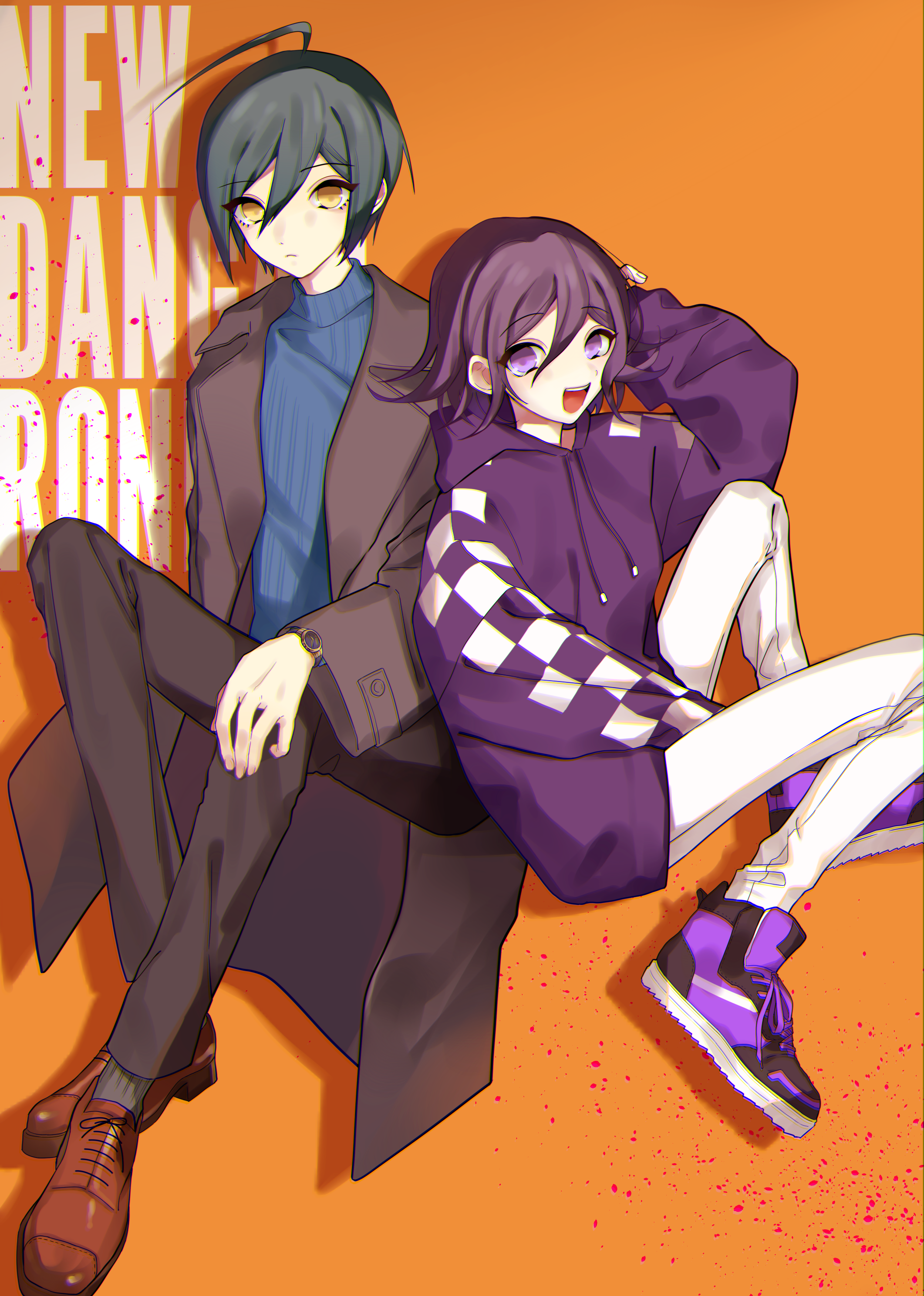 luna 11777, oma kokichi, saihara shuichi, danganronpa (series), danganronpa v3: killing harmony, absurdres, commentary request, highres, 2boys, ahoge, alternate costume, black hair, blush, brown coat, coat, copyright name, flipped hair, hair between eyes, hood, hoodie, long sleeves, looking at viewer, male focus, medium hair, multiple boys, open clothes, open coat, open mouth, orange background, pants, purple eyes, purple hair, shoes, short hair, simple background, sitting, smile, sneakers, sweater, turtleneck, turtleneck sweater, white pants, yellow eyes