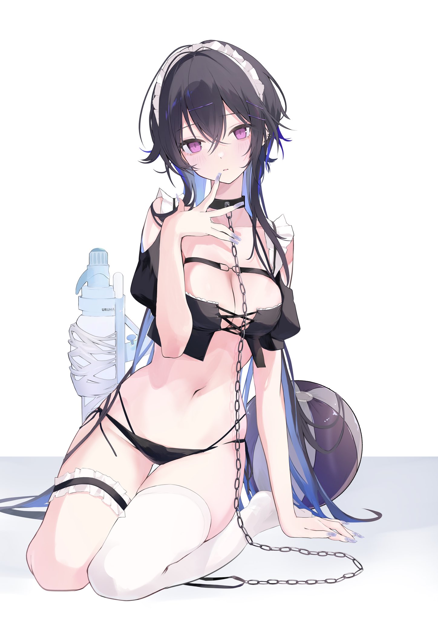 momochi tamalu, ichinose uruha, vspo!, highres, 1girl, arm support, beach volleyball, bikini, black bikini, black hair, blue hair, breasts, chain, cleavage, closed mouth, colored inner hair, crossed bangs, frilled thigh strap, full body, hair between eyes, hand up, kneeling, large breasts, long hair, looking at viewer, maid, maid bikini, maid headdress, multicolored hair, navel, purple eyes, simple background, single thighhigh, solo, stomach, swimsuit, thigh strap, thighhighs, unconventional maid, virtual youtuber, white background, white thighhighs