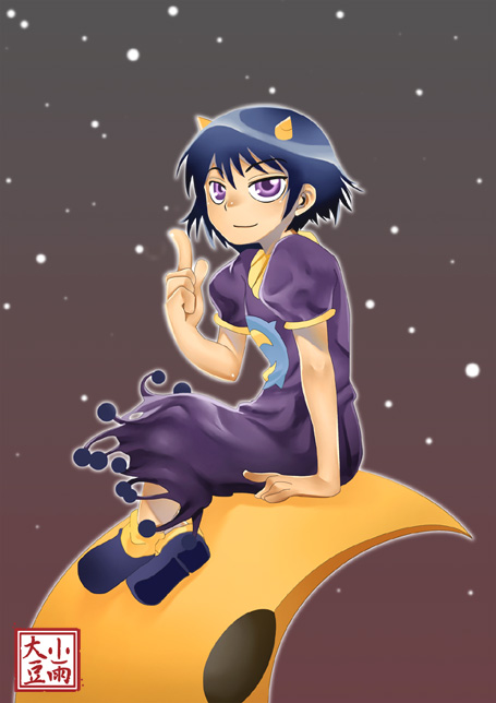 kosame daizu, laila, laila (konjiki no gash!!), konjiki no gash!!, oni horns, 00s, 1girl, arm support, blue hair, child, crescent, crescent moon, demon girl, dress, female focus, flat chest, fringe trim, from side, horns, index finger raised, light smile, looking at viewer, looking back, moon, night, night sky, outdoors, outline, pointing, puffy short sleeves, puffy sleeves, purple dress, purple eyes, shoes, short hair, short sleeves, sitting, sky, smile, solo, star (sky), starry sky