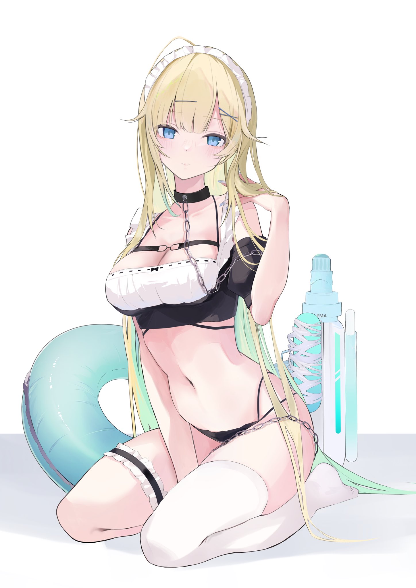 momochi tamalu, aizawa ema, vspo!, highres, 1girl, aqua hair, between legs, bikini, black bikini, blonde hair, blue eyes, blush, breasts, chain, cleavage, closed mouth, frilled thigh strap, full body, gradient hair, hand between legs, hand up, kneeling, large breasts, long hair, looking at viewer, maid, maid bikini, maid headdress, multicolored hair, navel, simple background, single thighhigh, solo, stomach, swim ring, swimsuit, thigh strap, thighhighs, unconventional maid, very long hair, virtual youtuber, white background, white thighhighs