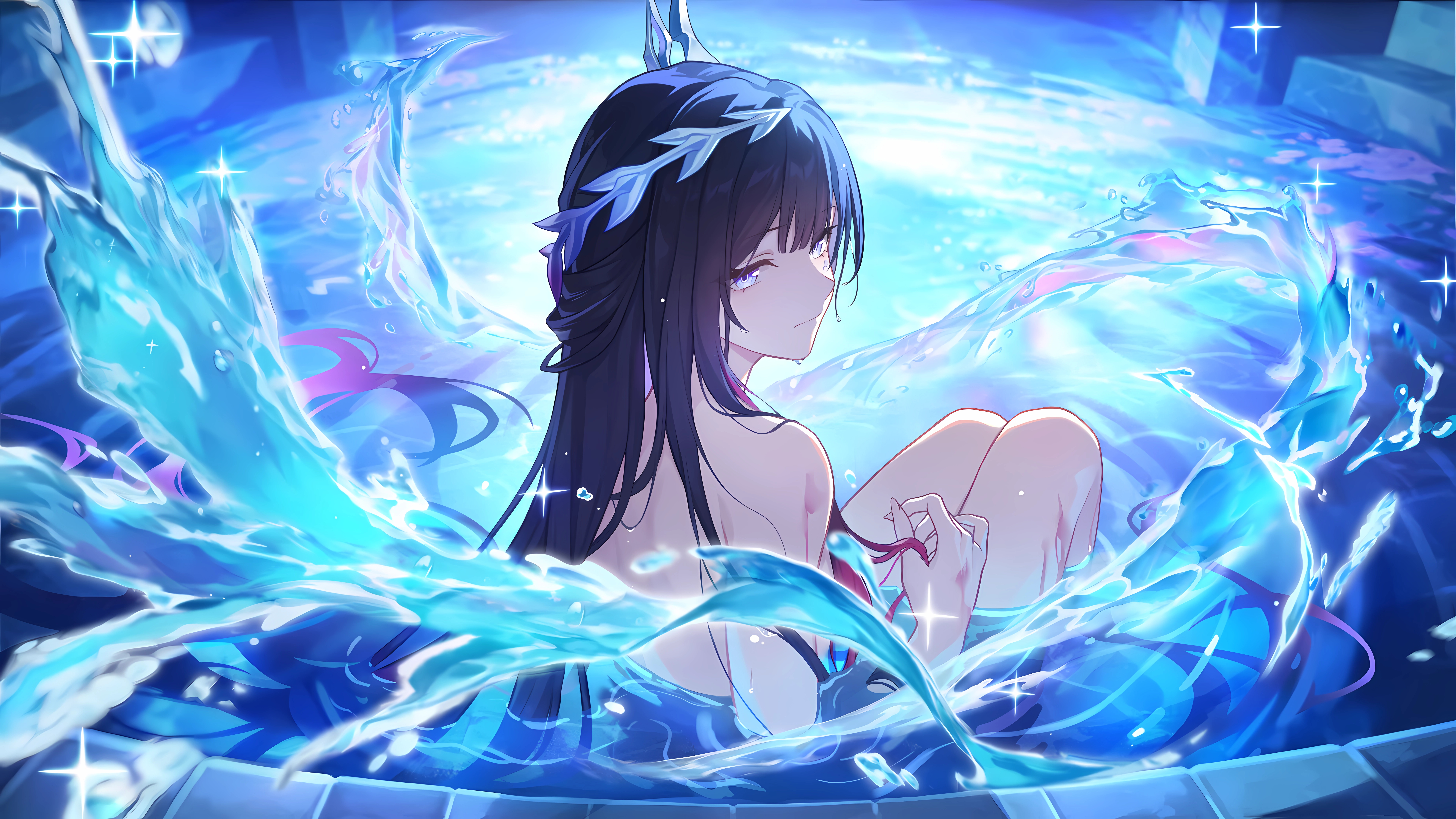 hysilens (honkai: star rail), honkai: star rail, honkai (series), absurdres, bad link, game cg, highres, official art, 1girl, bare back, bare shoulders, bath, bathing, black hair, blue eyes, completely nude, convenient censoring, gradient hair, hair ornament, hydrokinesis, indoors, light frown, long hair, looking at viewer, looking back, multicolored hair, nude, partially submerged, red hair, shoulder blades, solo, sparkle, tiles, two-tone hair, very long hair, water, water drop