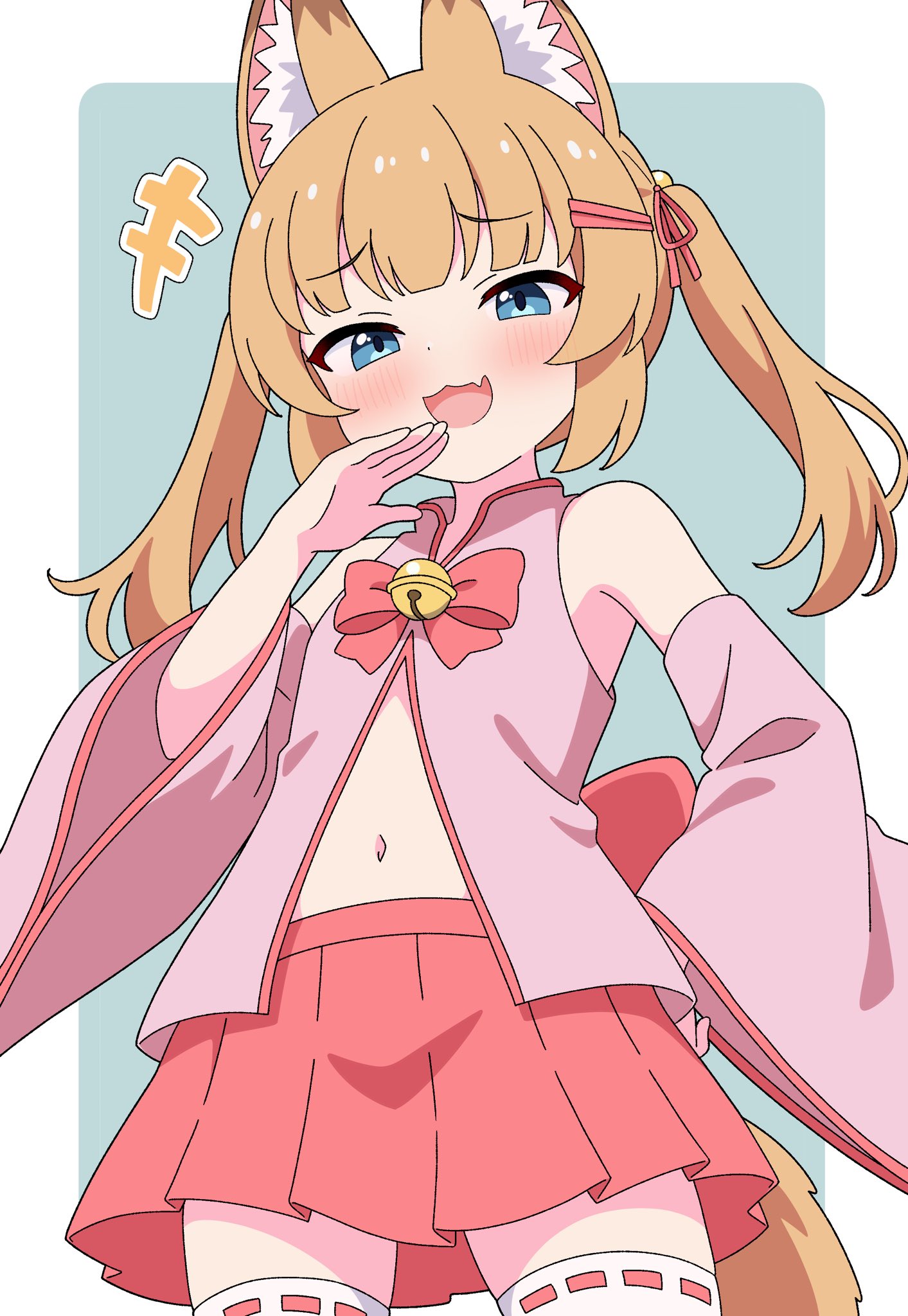 yuu-kun (inugamikenoy), mikoko (kemomimi oukoku kokuei housou), kemomimi oukoku kokuei housou, commentary request, highres, 1girl, :d, animal ear fluff, animal ears, bare shoulders, bell, blue background, blue eyes, blunt bangs, blush, border, bow, bowtie, cowboy shot, detached sleeves, fang, fox ears, fox girl, fox tail, hair ribbon, hand up, jingle bell, long hair, long sleeves, looking at viewer, miniskirt, navel, neck bell, open mouth, orange hair, outside border, pink shirt, pink sleeves, pleated skirt, red bow, red bowtie, red ribbon, red skirt, ribbon, ribbon-trimmed thighhighs, ribbon trim, shirt, simple background, skin fang, skirt, sleeveless, sleeveless shirt, smile, solo, tail, thighhighs, twintails, virtual youtuber, white border, white thighhighs, wide sleeves, zettai ryouiki