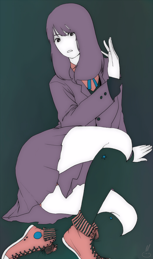 tanaka hirotaka, converse, original, 1girl, black socks, blazer, blush, buttons, colored skin, dress, female focus, jacket, kneehighs, long hair, long sleeves, looking at viewer, purple dress, purple eyes, purple hair, school uniform, shoes, sitting, sneakers, socks, solo, white skin, yokozuwari