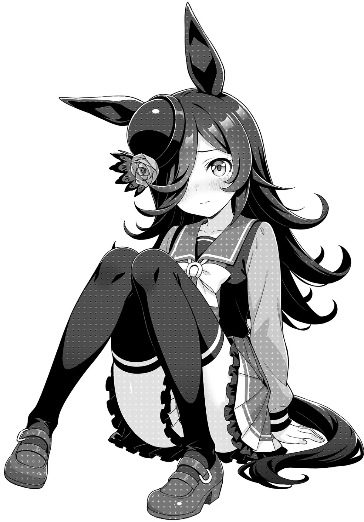akagi koku, rice shower (umamusume), umamusume, commentary, highres, 1girl, animal ears, blush, bow, bowtie, brown shoes, closed mouth, clothes between thighs, collarbone, frilled skirt, frills, full body, greyscale, hair over one eye, hat, horse ears, horse girl, horse tail, knees up, long hair, long sleeves, monochrome, pleated skirt, sailor collar, school uniform, shirt, shoes, simple background, sitting, skirt, solo, tail, thighhighs, tracen school uniform