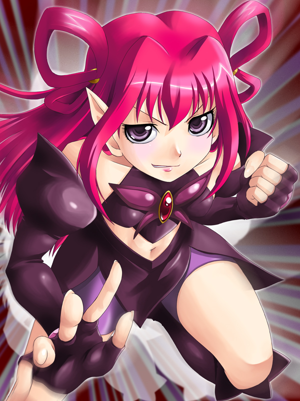 yaso shigeru, dark dream, precure, yes! precure 5, 00s, 1girl, bike shorts, bike shorts under skirt, black gloves, clenched hand, dark cure (yes! precure 5), evil smile, eyelashes, female focus, fingerless gloves, gloves, long hair, pink hair, pointy ears, purple eyes, shorts, shorts under skirt, skirt, smile, solo